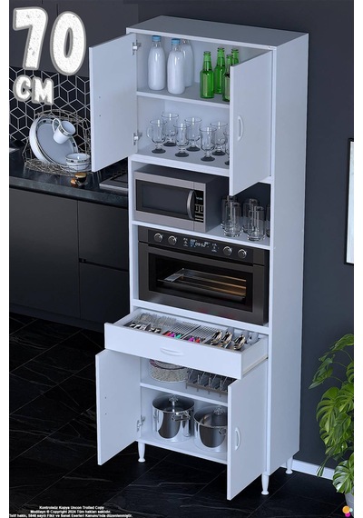 Bengi 70 Cm Organizer Fırın Dolabı - Kahve Makinası Mutfak Robotu Standı Çok Amaçlı 70x226x32 Cm Beyaz
