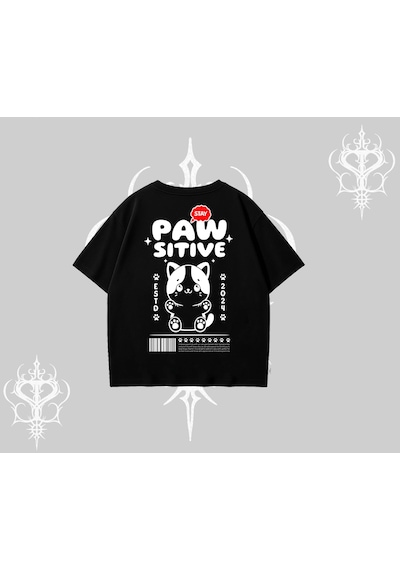 Tarzsokak Paw Sitive Kedi Arka Baskılı Oversize Tshirt Siyah