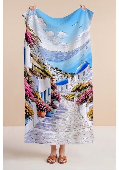 Santorini Manzaralı Akdeniz Plaj Havlusu-bohem Mavi Beyaz Havuz Deniz Hızlı Kuruyan Mikrofiber Havlu Sedef Tozu