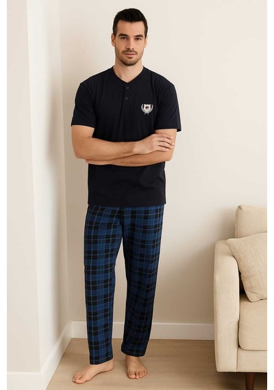Tenra Erkek Pijama Takımı %100 Pamuk Kısa Kollu Lacivert