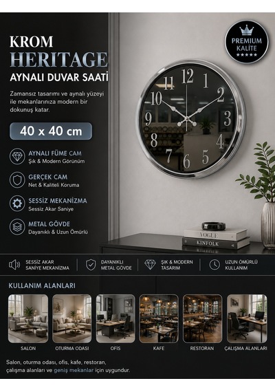 Krom Heritage Aynalı 40 X 40 Cm Duvar Saati