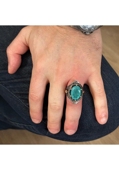 El Yapımı Vintage Erkek Yüzüğü - 925 Ayar Gümüş İle Üretilmiş Paraiba Taşı, Artisan Takı Gümüş
