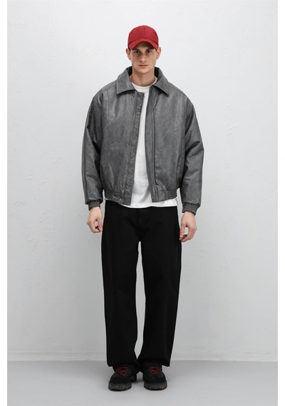 Vamos Oversize Deri Bomber Ceket Gri