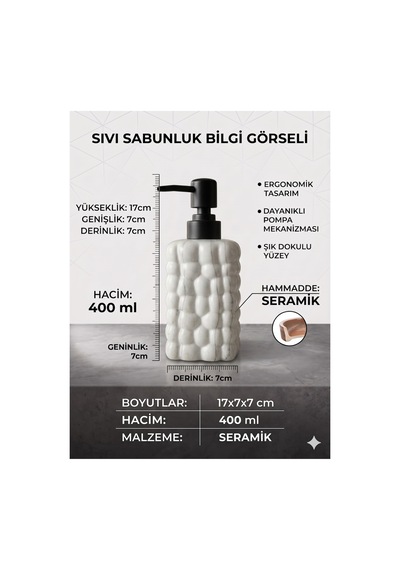 Dekoratif Seramik Bubble Sabunluk -400ml- 17x7x7 Cm Beyaz - Mermer