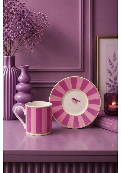 2 Kişilik Porselen Yaldızlı Lovely Birds Özel Tasarım Kuşlu Kahve Fincan Takımı Seti 90ml Mor