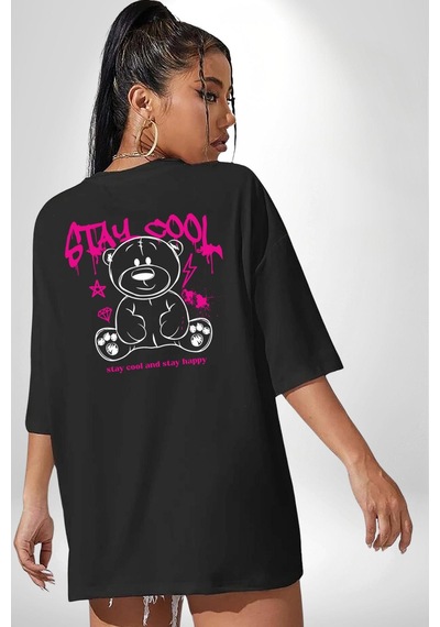 Serin Ve Mutlu Kal Siyah Oversize Unisex Ön Ve Sırt Baskılı Tişört Siyah