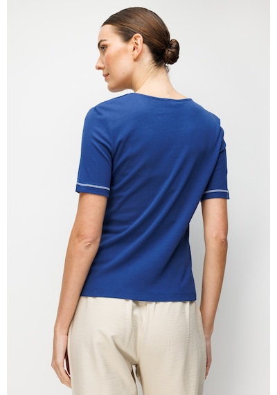 Kadın Sıfır Yaka Yakası Ve Kolu İşlemeli Pamuklu Penye T-shirt Lacivert Lacivert