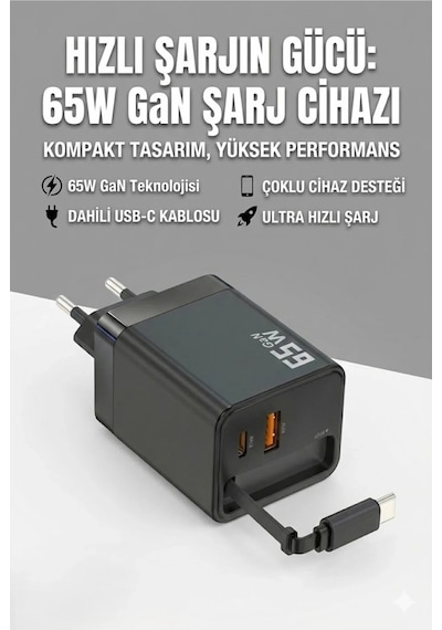 65w Süper Hızlı Şarj Cihazı Dahili Type-c Kablo Usb-c & Usb-a Çıkış Çoklu Cihaz Desteği Belirtilmemis