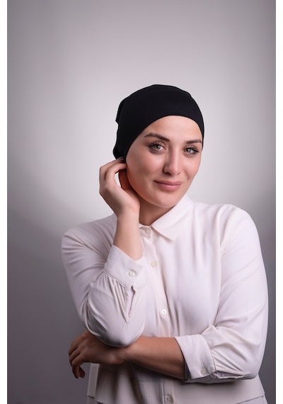 Halven Siyah Pratik Hazır Geçmeli Iç Bone Viskon Kumaş Dikişsiz Boru Bon Siyah
