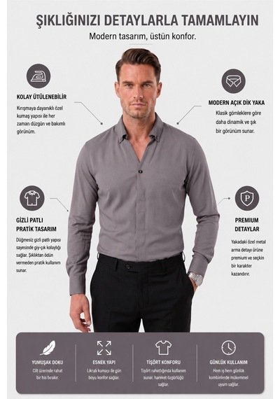 Rizzup Füme Slim Fit Kolay Ütülenebilir Açık Dik Yaka Likralı Erkek Gömlek 2602615