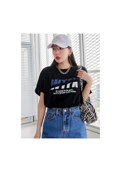 Wtfk T-shirt - Siyah Baskılı Oversize Bisiklet Yaka Kısa Kol Siyah