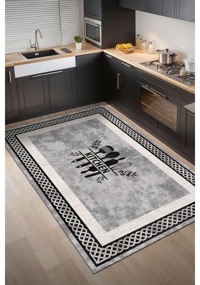 Ravona Şönil Modern Desen Kaymaz Pamuk Tabanlı Yıkanabilir Mutfak Halısı 100x150 Altın - Siyah