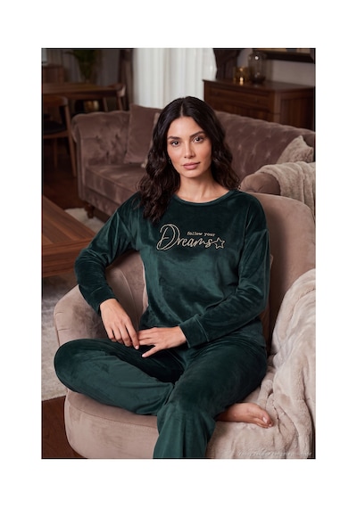 Lela Bisiklet Yaka Yumuşak Dokulu Parlak Kadife Pijama Takımı Kadın Pijama Takımı 6094209 Nefti