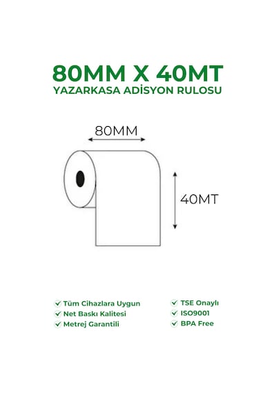 80x40 Termal Rulo Yazarkasa Adisyon Rulosu 1 Paket 10 Adet Tse Belgeli Bpa Free