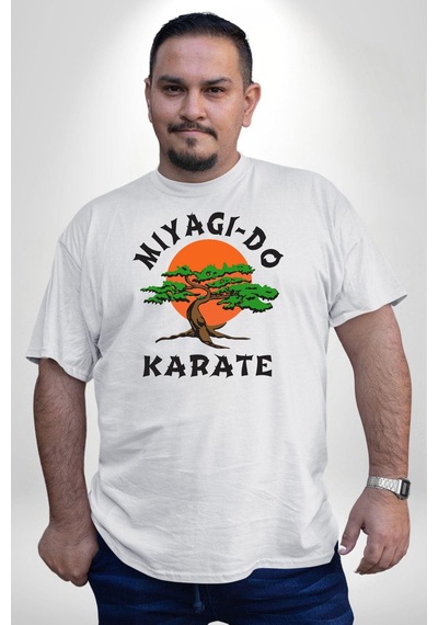 Angemiel Miyagi-do Karete Çocuk Logo Dizi Bonzai Ağaç Beyaz Büyük Beden Kadın Erkek Ünisex Basic Ön Baskılı Tişört Beyaz