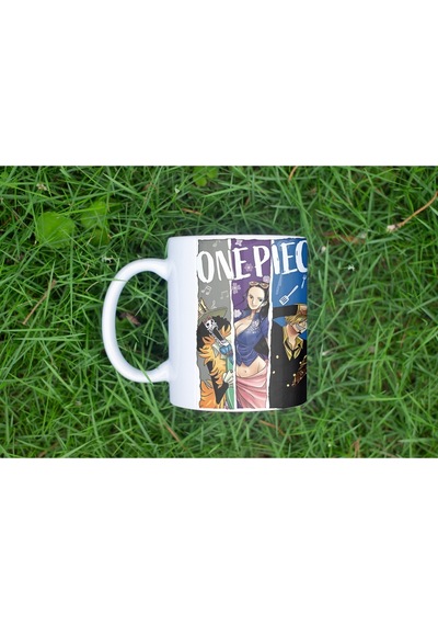 One Piece Karakterleri Kupa Bardak - Anime Ekip Tasarımı - Renkli Şerit Desenli Model Beyaz