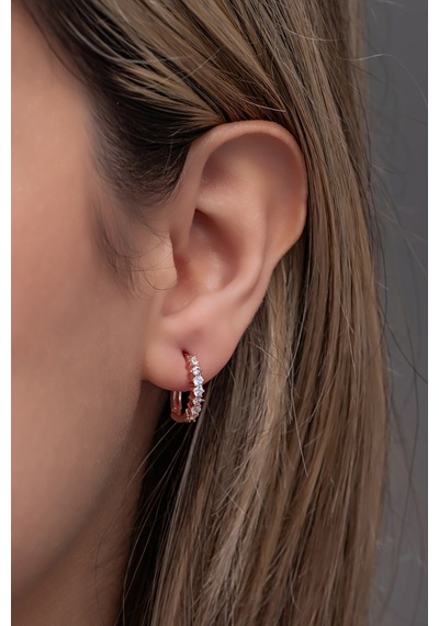 Nereze 925 Ayar Gümüş Rose 15 Mm Zirkon Taşlı Halka Küpe
