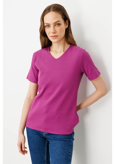 Kadın V Yaka Kaşkorse Pamuk T-shirt Sıklamen pembe
