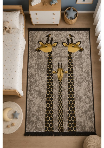 Lorvian Noletti Çocuk Odası Kilimi Pamuklu Zürafa Desenli Makinede Yıkanabilir Uygun Kilim Evm26829a Renkli