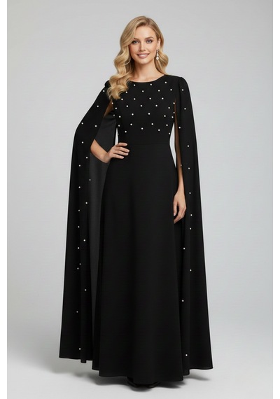 Defymoda Kadın İnci İşlemeli Şık Gece Davet Elbise Siyah