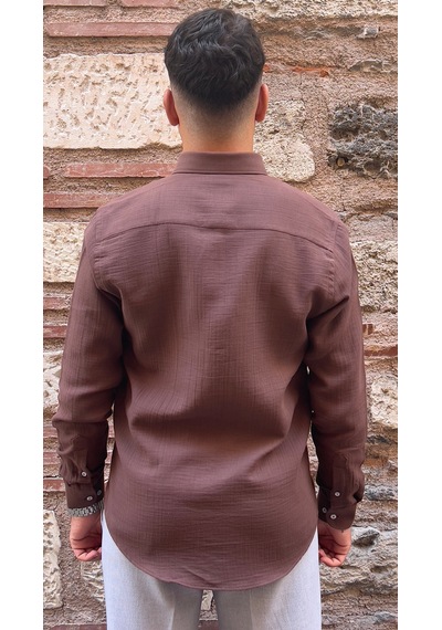 Slim Fit Uzun Kol Müslin Pamuk Rahat Nefes Alabilen Kumaştan Yaka Düğmeli Hediye Kutulu Erkek Gömlek Fs-004202 - Kahverengi-2866