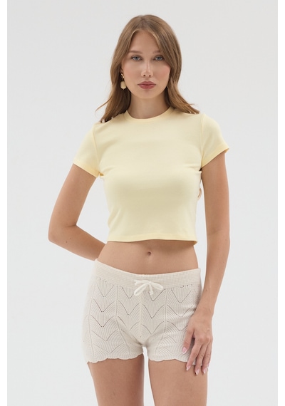 Urbantrendstore Kadın Bisiklet Yaka Likralı Kısa Kol Body Crop Bluz Günlük Şık Sade Yazlık Casual Crop Kadın Crop Sarı