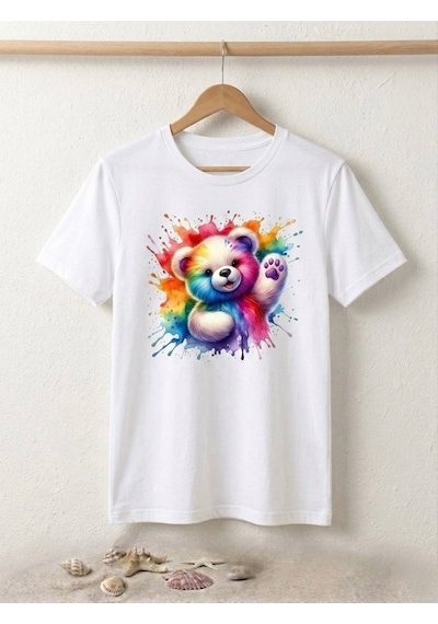 Sulu Boya Efektli Teddy Bear Baskılı Kompak T-shirt Beyaz