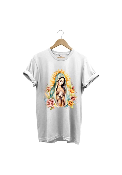 Renkli Meryem Ana Baskılı %100 Pamuk Regular Fit Bisiklet Yaka Beyaz T-shirt Beyaz