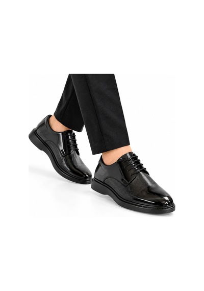 Yalçın Shoes Erkek Siyah Parlak Suni Deri Bağcıklı Klasik Ayakkabı Dokulu Ön Yüzey, Kalın Taban Damatlık Ayakkabı Siyah - 933653717 Siyah