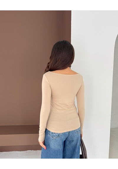 Elaxi Kadın Kayık Yaka Parmak Geçmeli Uzun Kollu Full Likralı Pamuk Viskon Buzzy Body Tişort Bej Elaxi Kadın Kayık Yaka Parmak Geçmeli Uzun Kollu Full Likralı Pamuk Viskon Buzzy Body Tişort Bej