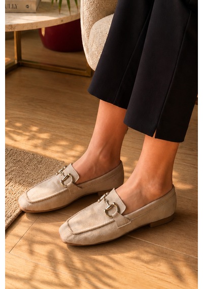 Kadın Loafer Makosen Metal Tokalı Nubuk Günlük Ayakkabı Bej