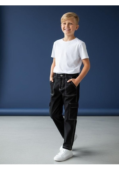Zekids Çocuk Kargo Cepli Kontrast Dikişli Geniş Paça Pantolon-16618 Siyah Zekids Çocuk Kargo Cepli Kontrast Dikişli Geniş Paça Pantolon-16618 Siyah