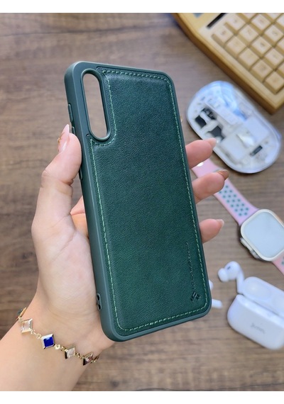 Samsung Galaxy A70 Uyumlu Premium Deri Dokulu Darbelere Karşı Dayanıklı Nazal Silikon Kılıf Haki