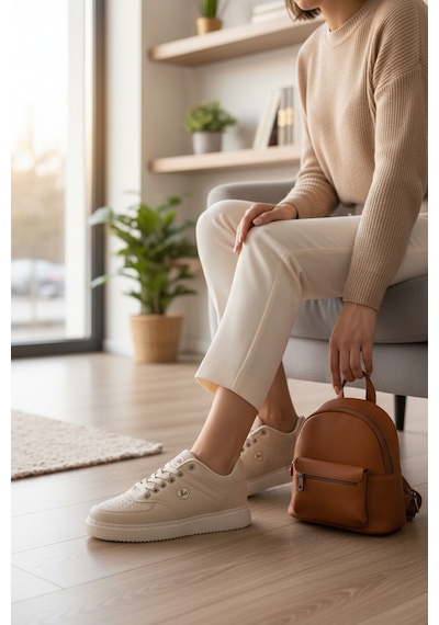 Enoch Suni Deri Beyaz Düz Tabanlı Erkek Casual Sneaker Ayakkabı Bej