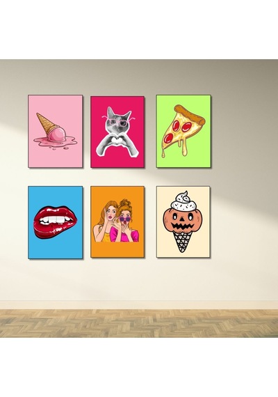 Eğlenceli İllüstrasyon Dönem Kombini 6'lı Poster Seti - 15x21 Çerçevesiz Mutfak Ve Genç Odası Duvar Sanatı