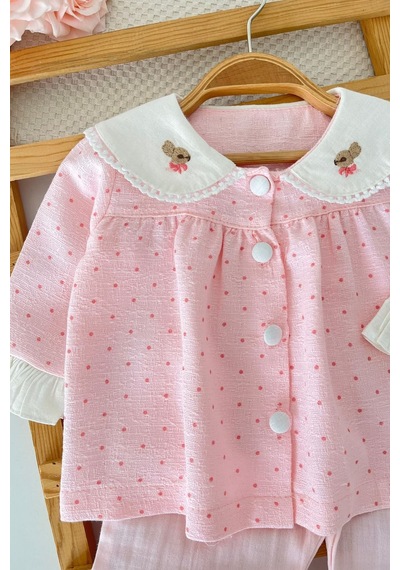 Minigimin Cicileri Yaka Tavşan Nakış Detaylı Puantiyeli Kız Bebek 2 Li Takım - Pembe
