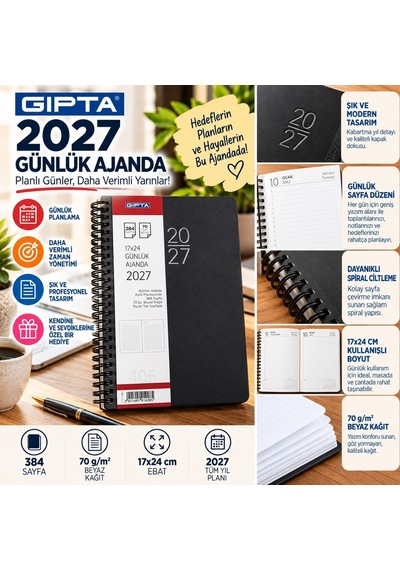 Gıpta 406-sek 17x24 Günlük Ajanda Eko Spiralli Siyah