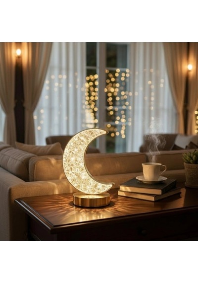 Hilal Ay Model Kristal Led Masa Lambası Dokunmatik, 3 Renk Işık Modlu, Şarjlı Mini Dekoratif Gece Çok Renkli
