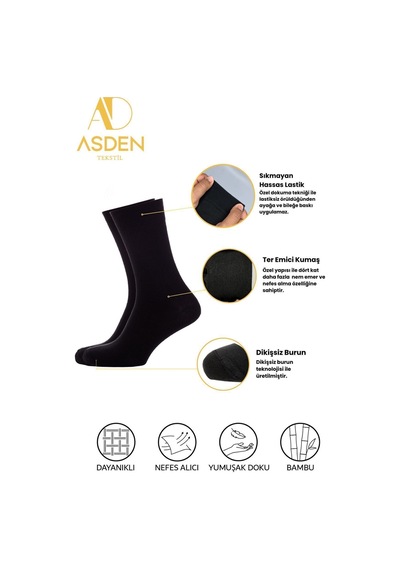 Asden Bambu Erkek Beyaz Soket Çorap 12'li Paket, Burun Dikişsiz, Yıkamalı 2 Lacivert 2 Gri 2 Siyah