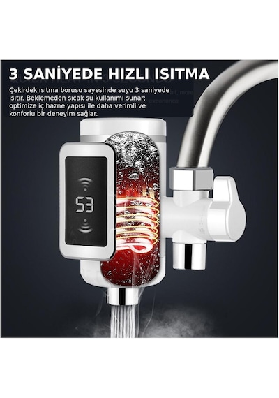 Dijital Göstergeli Elektrikli Musluk Ani Su Isıtıcı 3000w Şofben Musluk Başlığı Sıcak Soğuk Su Beyaz