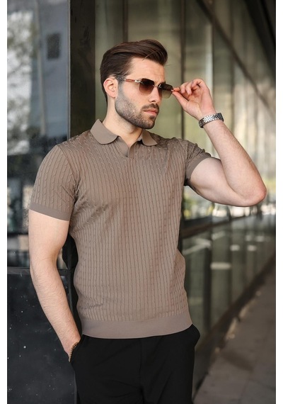 Madmext Açık Kahverengi Slim Fit Polo Yaka Triko Erkek Tişört E7472