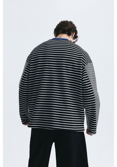 Vamos Kontrast Yaka Çizgili Sweatshirt Ekru-siyah