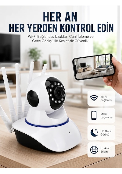 Led Aydınlatmalı 5 Antenli Motorlu 1080p Wifi Kamera Sensörlü Yeni Nesil Beyaz