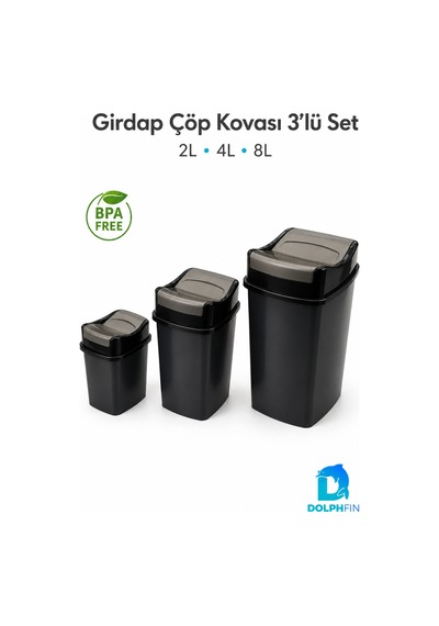 Girdap 3 Lü Sallanır Kapaklı Çöp Kovası Seti 2 L 4 L 8 L Banyo Mutfak Siyah
