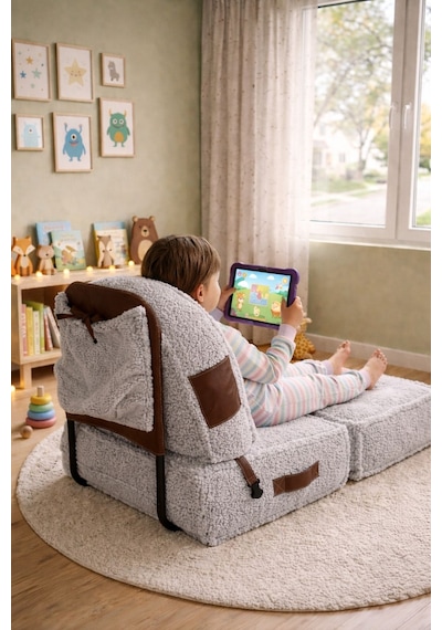 Viscolog Comfy Premium Teddy Kumaşlı Fermuarlı Legom Çocuk Koltuğu Aktivite Ve Yer Minderi Seti 50x50 70cm Gri