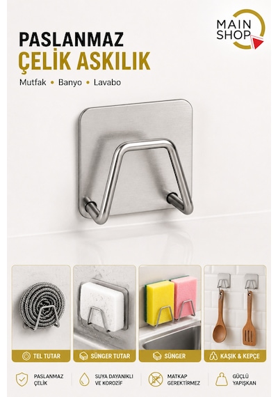 Mainshop Yapışkanlı Çok Amaçlı Askı 6'lı Set - Paslanmaz Çelik Bulaşık Süngeri Ve Mutfak Düzenleyici M-sng1 Gümüş