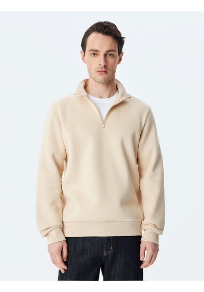 Koton Uzun Kollu Pamuk Karışımlı Basic Yarım Fermuarlı Sweatshirt Bej 5wam70255mk Ekru