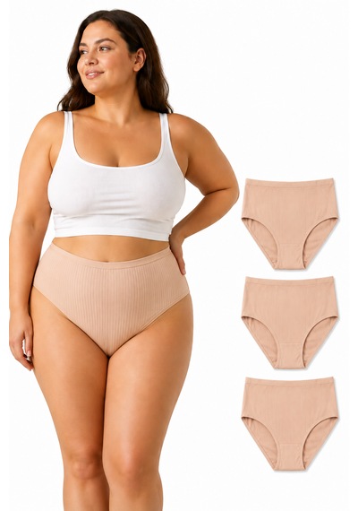 İpeksi Collection %100 Pamuklu Yüksek Bel Fitilli Günlük Külot 3lü Paket Ten