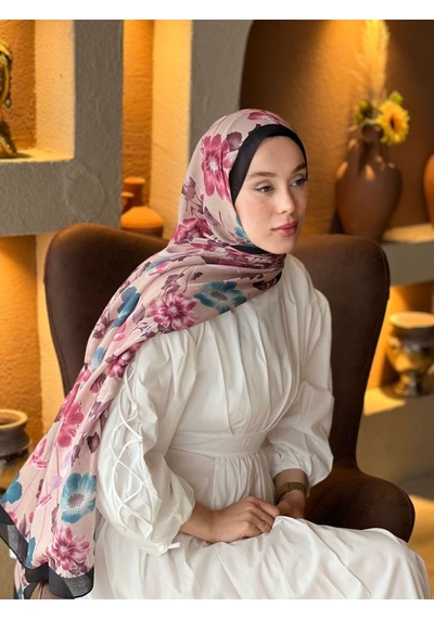 Moda Kaşmir Fiori Desen Lina Şal Siyah Vizon