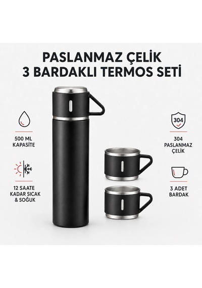 Paslanmaz Çelik 3 Bardaklı Termos Seti- 500 Ml Çok Renkli